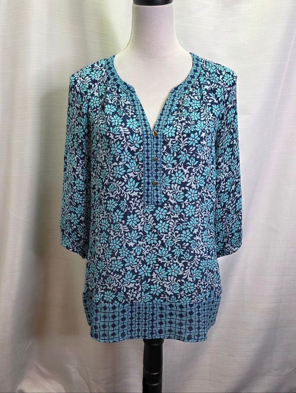 Banana Republic Blue Abstract Floral Popover Blouse Size Small